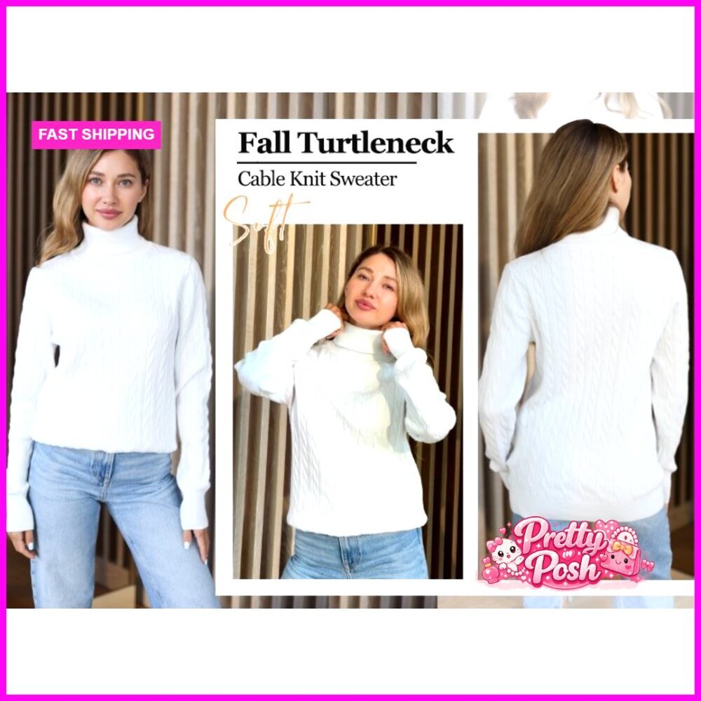 Cable Knit Turtleneck Sweater Slim Fit Pullover Long Sleeve Fall Winter - Picture 7 of 7